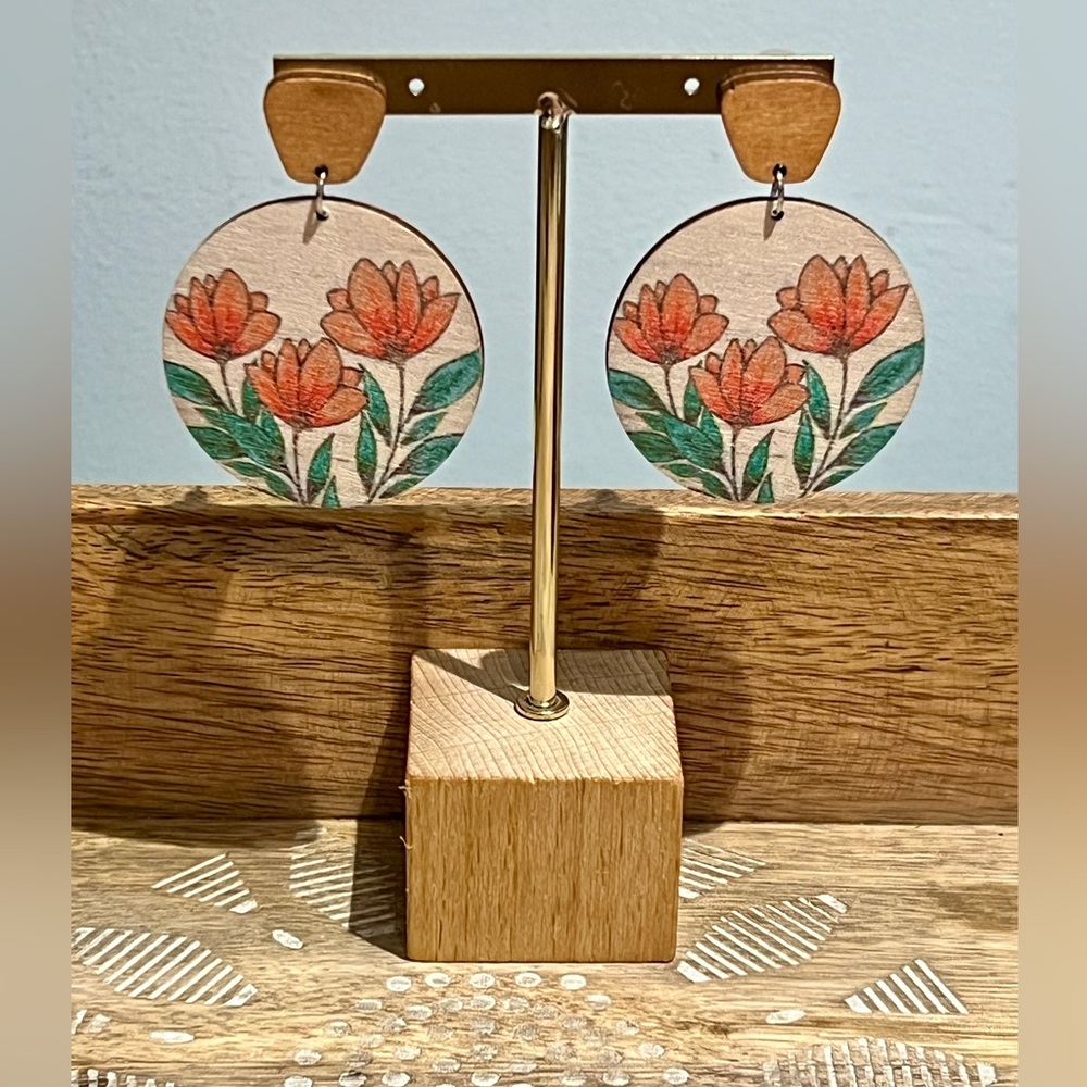 New Pretty Orange Poppy Wood Dangle Stud Earrings